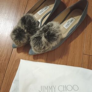 Jimmy Choo Blue Flats with Fur Ball